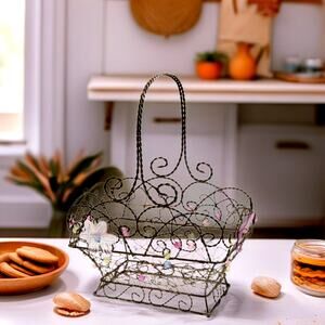 Vintage Beaded Wire Metal Basket Twisted Handle Floral Acrylic Beads Pink Yellow